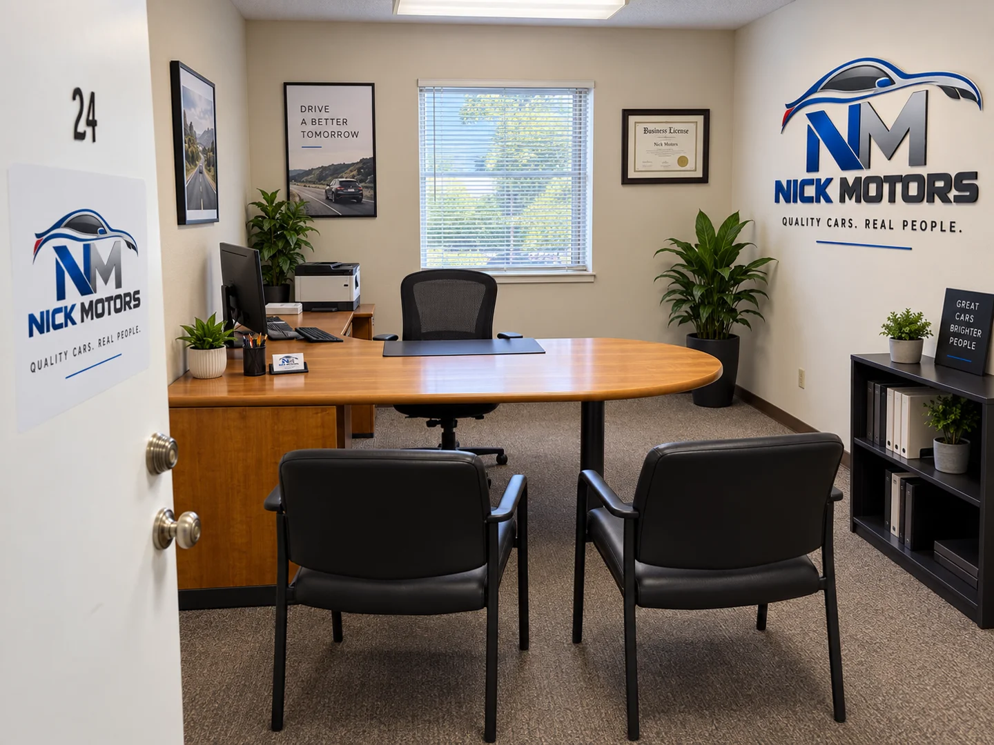 Illustrative Nick Motors office with blue and silver logo